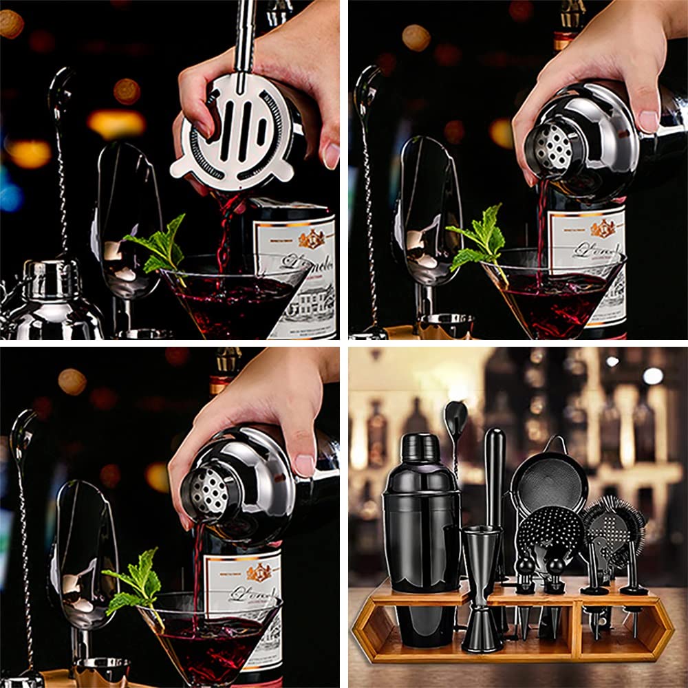 hansum Juego de coctelera de 18 piezas de acero inoxidable para hacer cócteles con soporte de madera (color: negro)