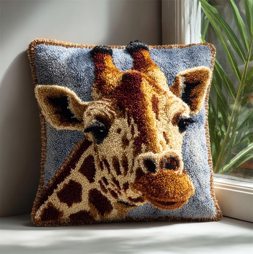 Taxpy RKFLGEW Latch Hook Pillow Case Kits,Giraffe 17X17Inch 3D DIY Latch Hook Cushion Cover Kit,Knitting Kits Cushion for Adults and Beginners Rug Making Kit for Starters