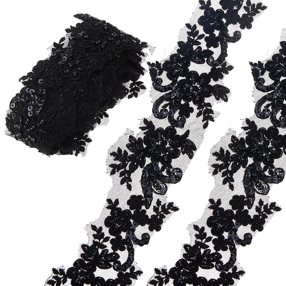 DICOSMETIC 2 yards x 2-1/2 pollici (63 mm) ricamati neri in pizzo con strass ricamati floreali con bordo in pizzo di lusso per abiti da sposa