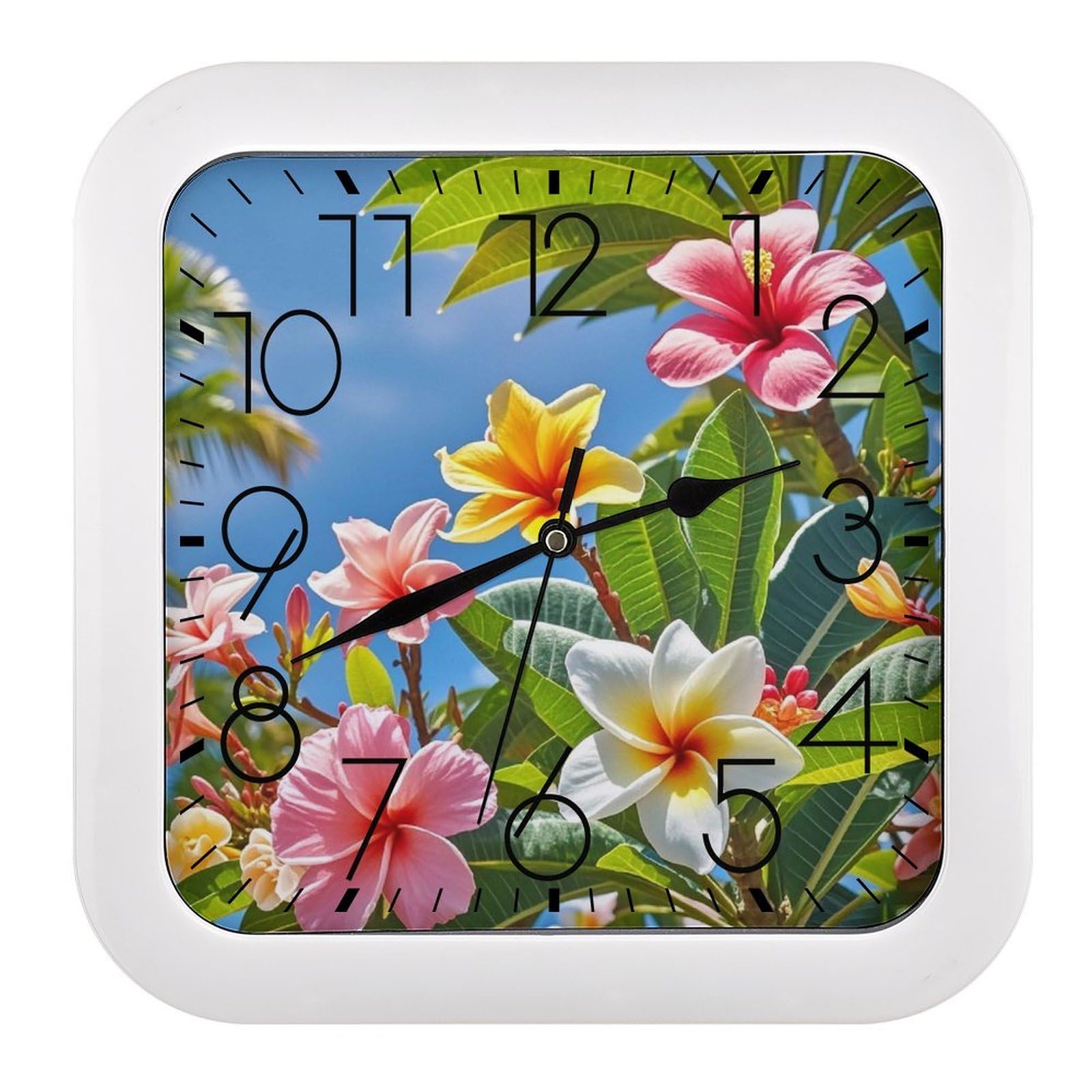 LZQPOEAS Hawaii Flowers Wall Clock Fashionable Versatile Silent Wall Clock Simple Elegant Non Ticking Analog Clocks Easy to Install Square Modern Clocks for Home Decoration