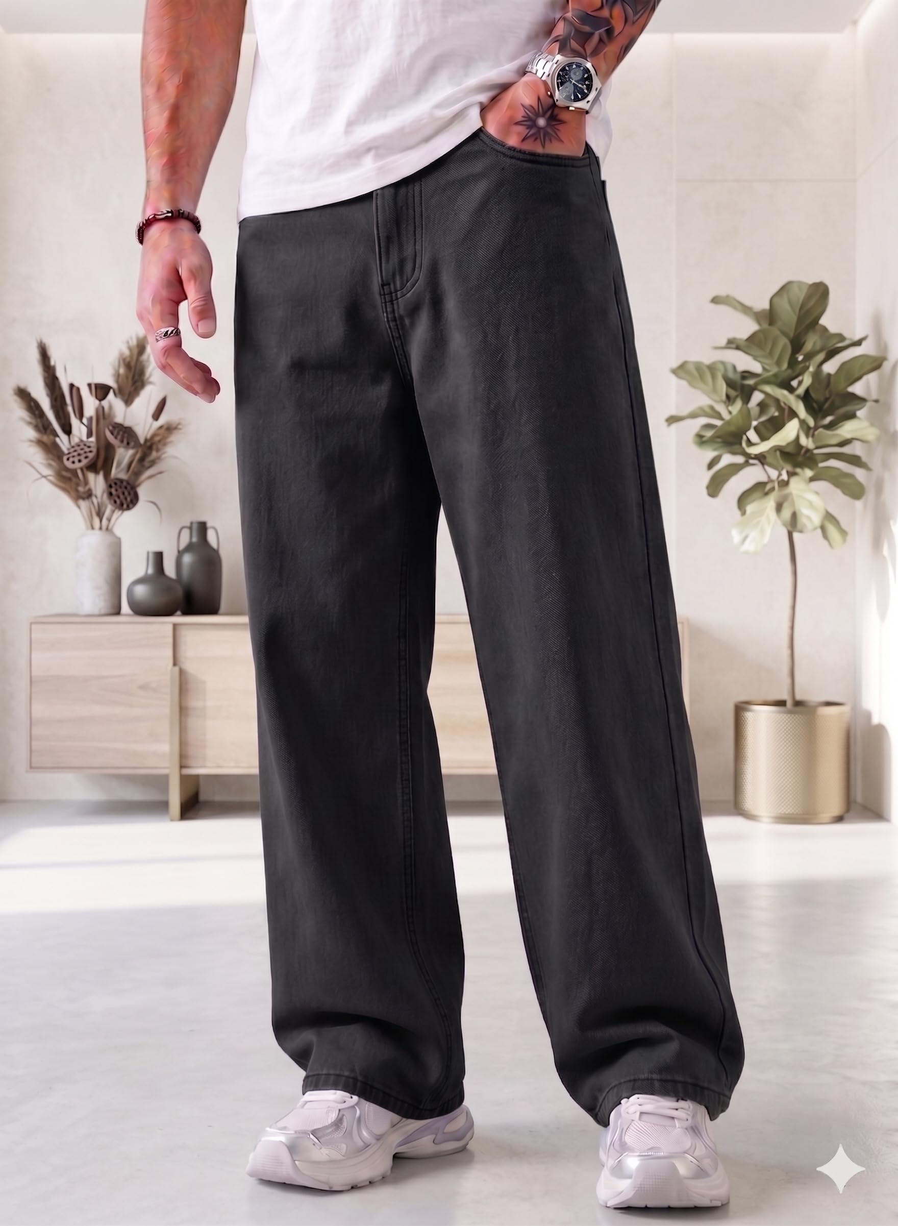 Loose Fit Mid Rise Dark Grey Men Denim Jeans-image-24