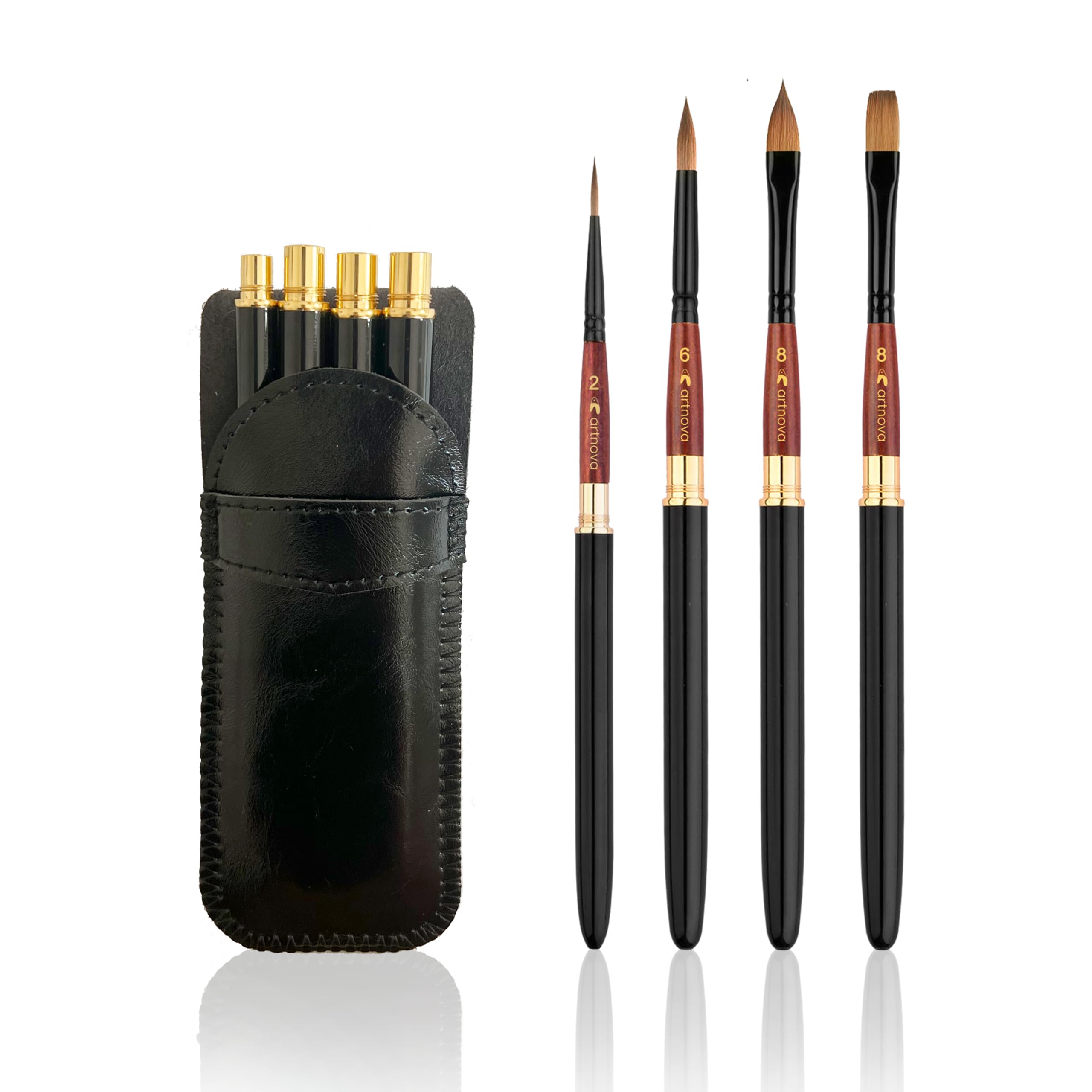 Kit de Pinceles de Viaje Premium: Set de 4 Pinceles de Pelo de Pony en Elegante Funda de Cuero Sintético Negro - Ideal para Acuarela y Acrílico - Versátil - Regalo para Artistas