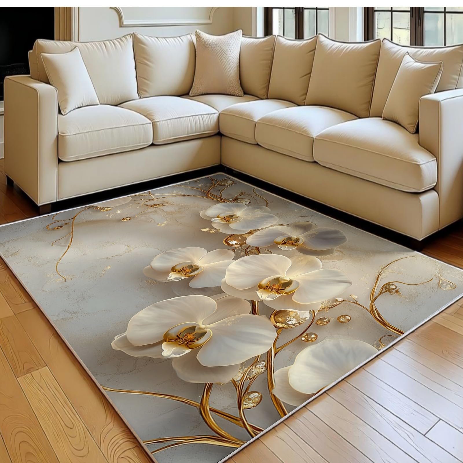 Tapis moderne or 140 x 200 cm avec motif floral orchidées pour décoration de sol salon