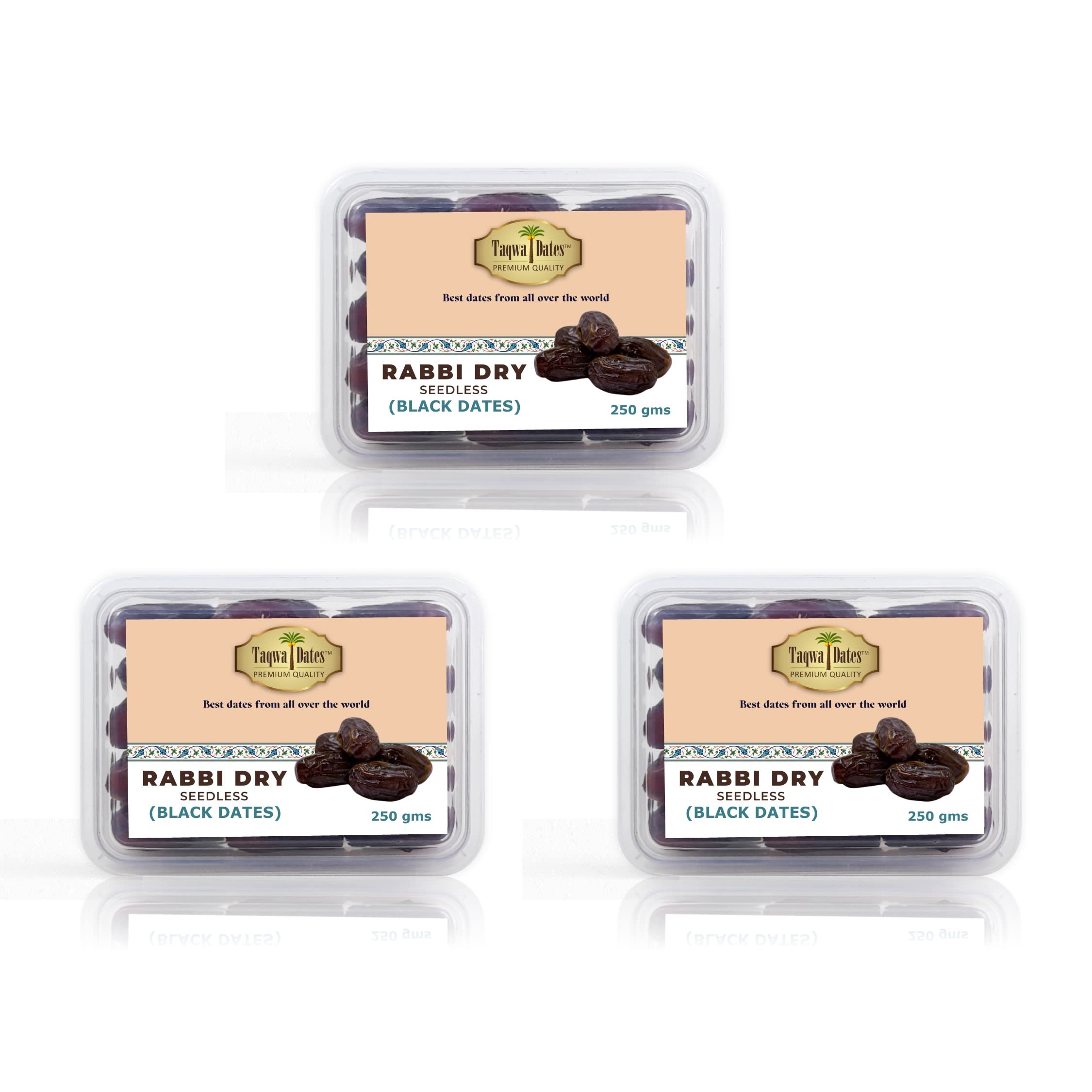 Taqwa Dates Rabbi Dry Seedless Date, Black Dried Khajoor (3*250gm)