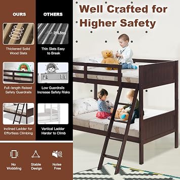 KOTEK Wooden Twin Bunk Beds, Detachable Twin Over Twin Bunk Beds for Kids, Solid Rubberwood Bunk Bed with Ladder and Safety Rail (Espresso)