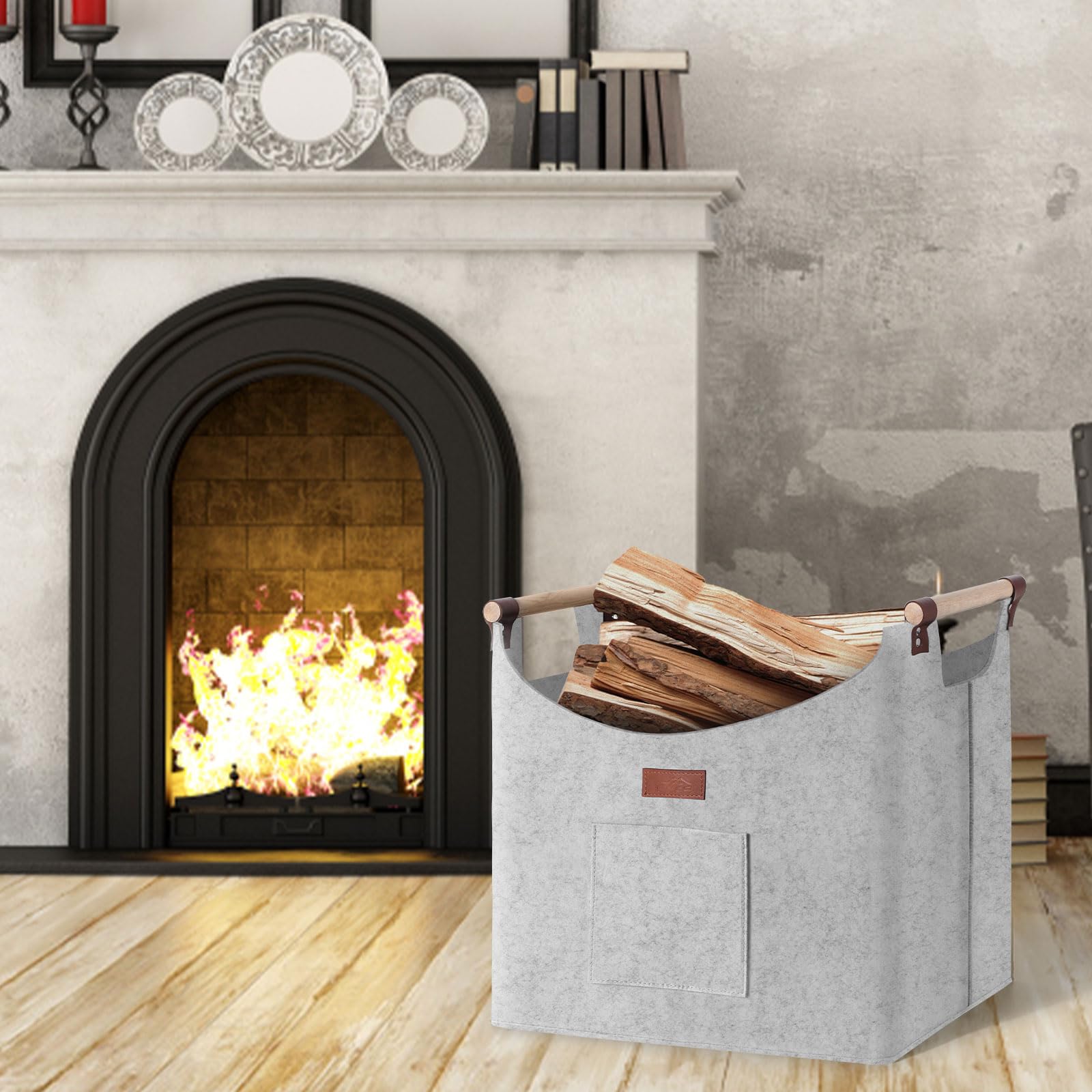 Lot De 2 Paniers à Bois En Feutre Pliables XXL - 55 X 30 X 40 Cm, Capacité 60 L - Pour Transporter Et Ranger Bois De Chauffage, Jouets, Linge - Charge Max 60 Kg - 8