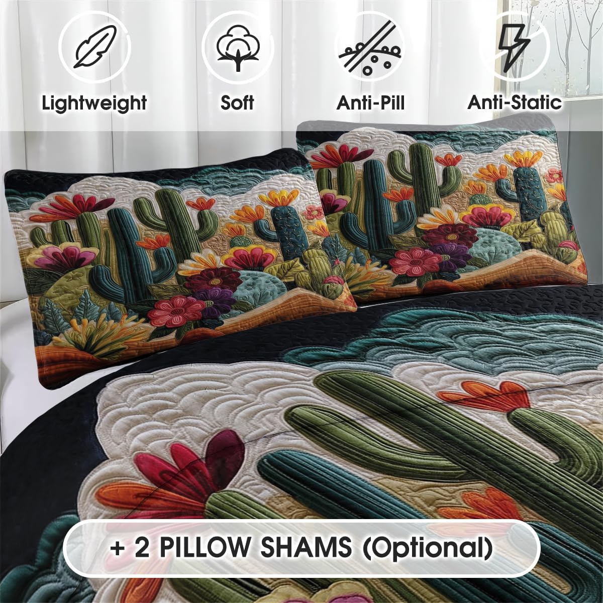 Desert Cactus PRINTED Quilt Set, Vibrant Cactus & Flower Quilt Bedspread Set – Colorful Desert-Inspired Bedding for Bedroom, Desert Scenes Bedding, Cozy Throw Quilt for Spring Summer Décor (Style #6)