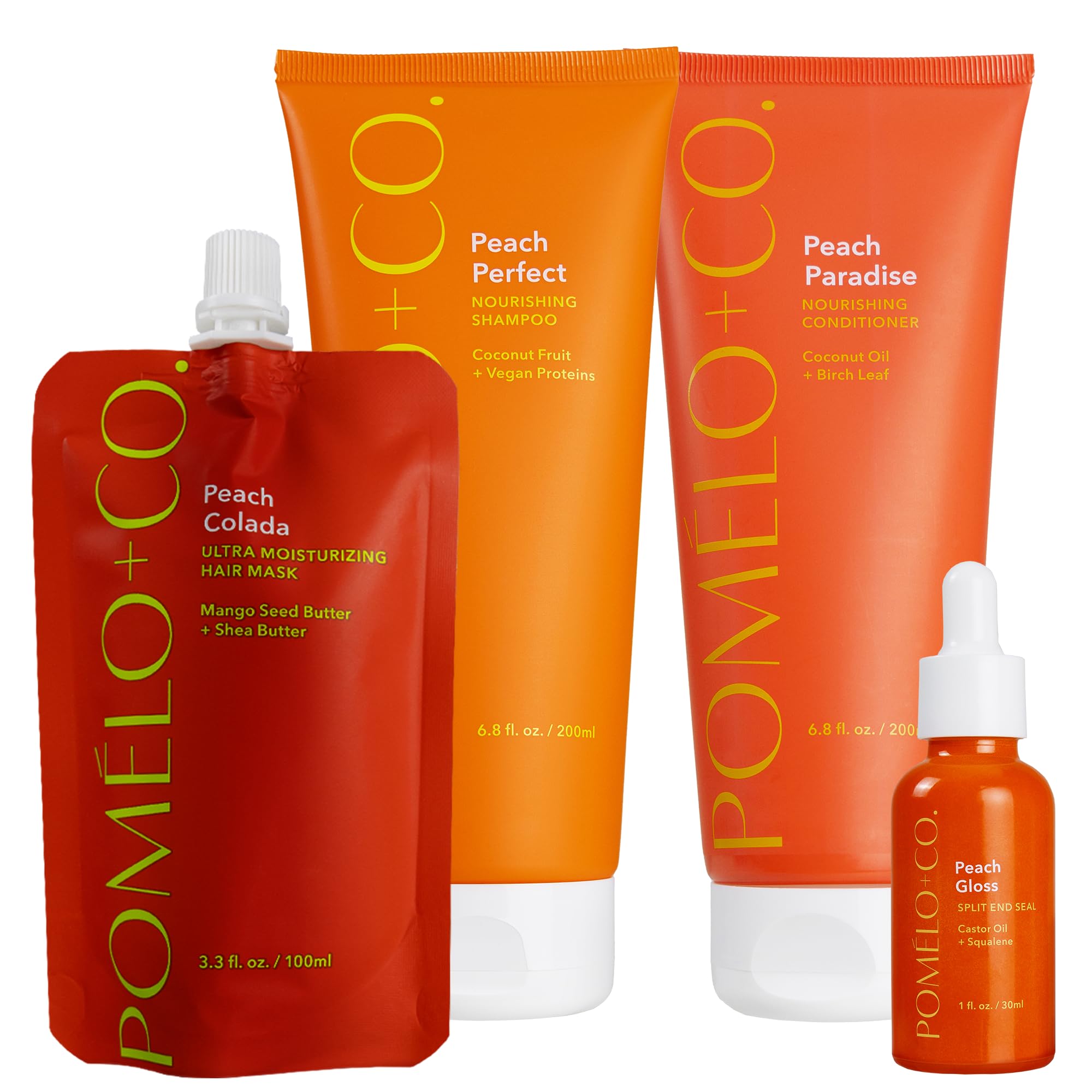 Pomélo+Co. Peach Routine Set - Haarmaske Shampoo Conditioner und Gloss | Feuchtigkeitsspendende Haarkur zur Splissversiegelung - veganes Haarpflege Paket für trockenes und geschädigtes Haar