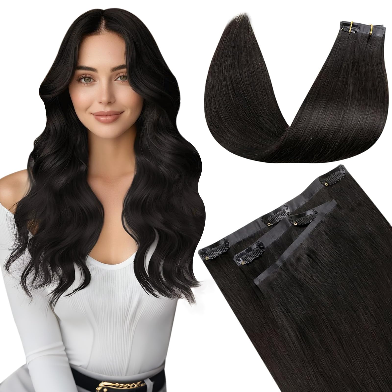 LaaVoo Seamless Clip in Extensions Echthaar Schwarz Natürliche Clip in Extensions Glatt Echthaar Extensions Clips Remy Menschenhaar 7PCS 35cm 100g #1B