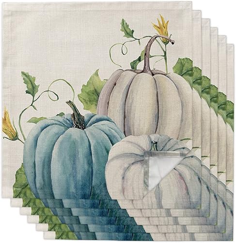 Servilleta de tela, servilletas de lino absorbentes con diseño floral de calabaza blanca y azul, reutilizables, lavables, para Acción de Gracias,