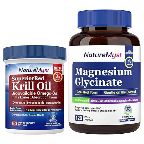 NatureMyst Paquete de aceite de krill y glicinato de magnesio, grado profesional, sin OMG, articulaciones, corazón, sangre, cerebro, sueño y salud