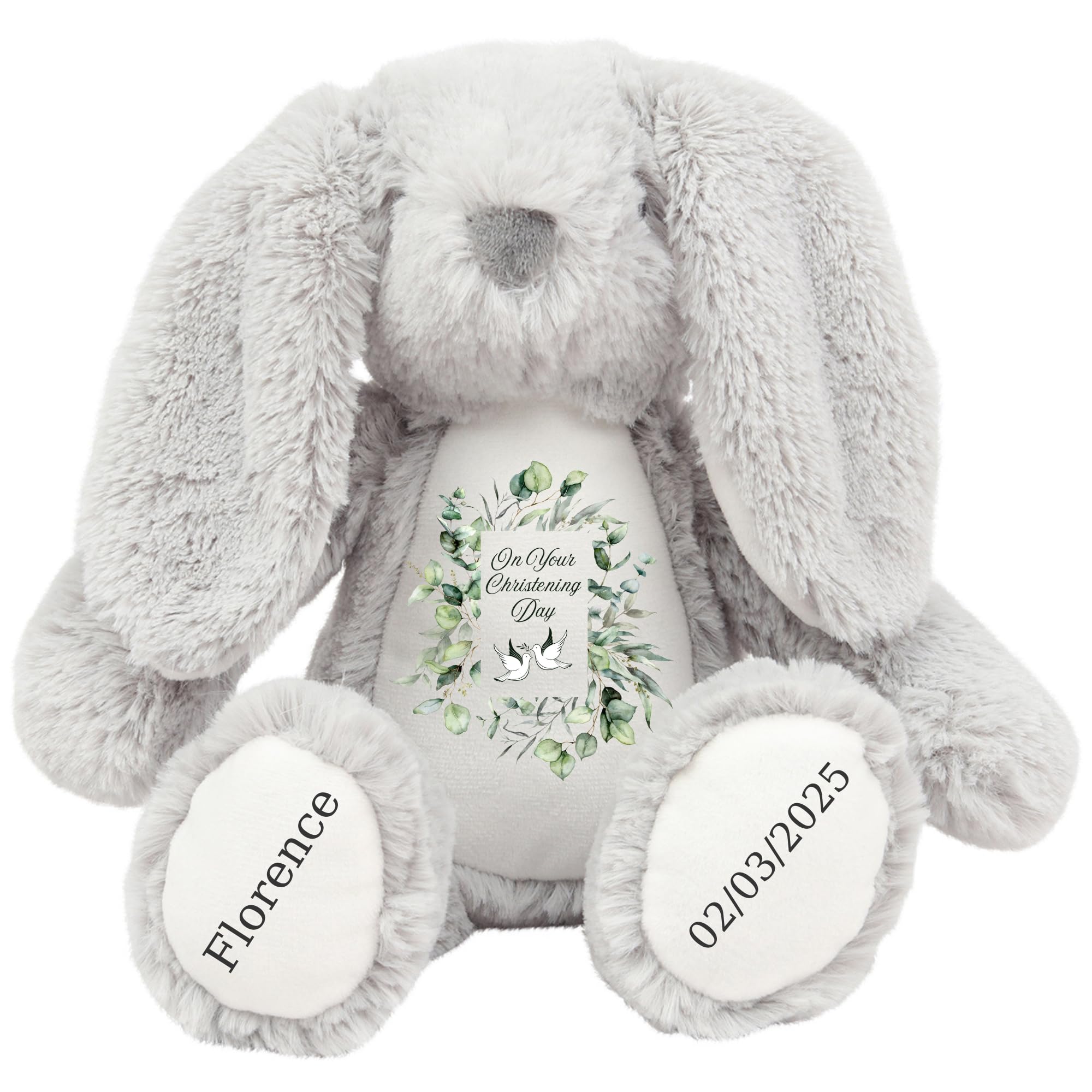 HotScamp Personalised Christening Bunny with Name - Eucalyptus Leaves Doves On your Christening Day Soft Toy for Baby, Toddler, Kids, Child, Babies Baptism Church Spring Time - Blue Letter Grey Bunny โ image 1