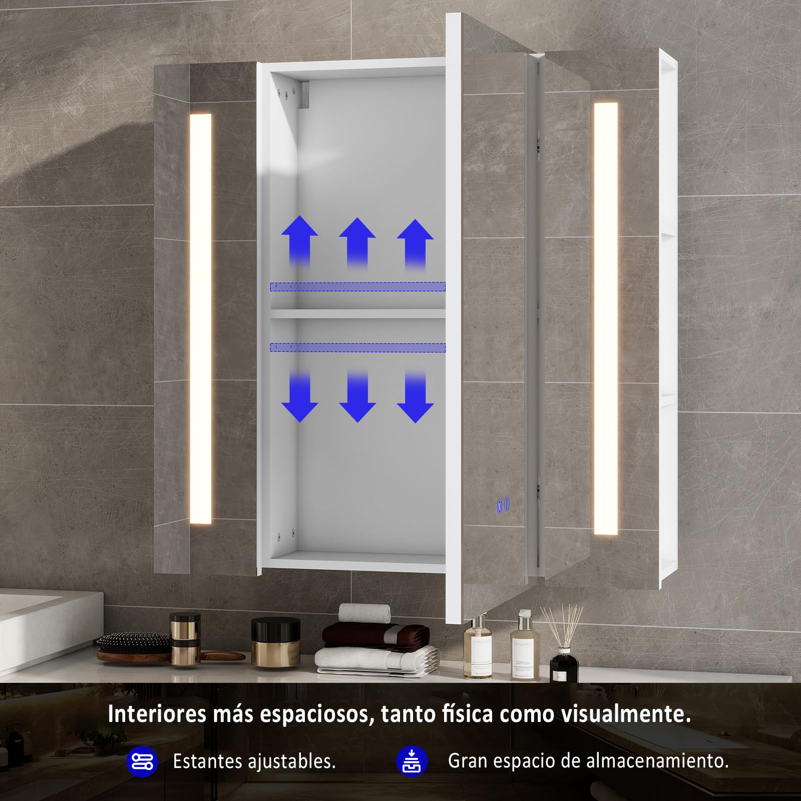 YU YUSING Mueble de Baño de Pared, Armario con Espejo y Estantes | Espejo LED 70 x 16 x 70 cm y Puertas Ajustables, Antivaho, Regulable en 3 Colores, Madera MDF, Blanco