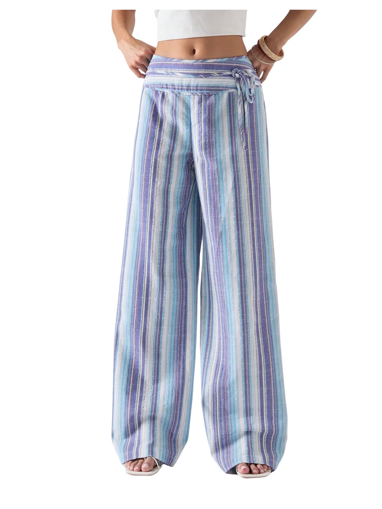 MakeMeChic Womens Striped Pants Drop Waisted Tie Front Wide Leg Y2K Trousers