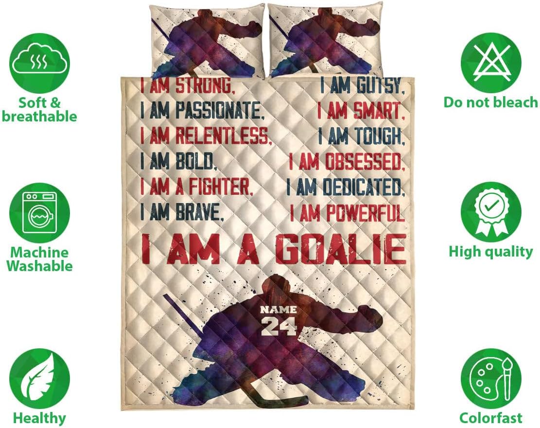 Personalized Hockey Quilt Set, Hockey Goalie I Strong Boy Quilt Blanket with Pillowcases, Custom Name and Number Quilt Bedding Set MLANH1331
