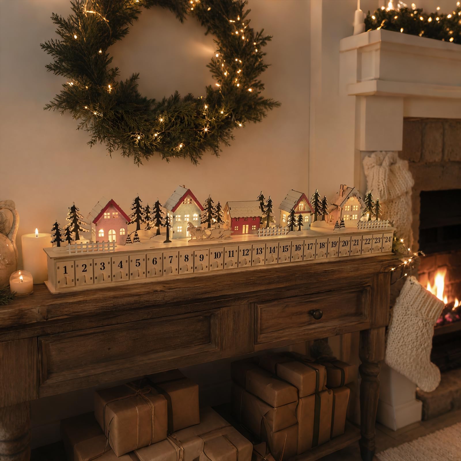 Calendario dell'Avvento in legno con villaggio di Natale luminoso, a batteria, decorazione natalizia con 24 cassetti riempibili, decorazione per conto alla rovescia per 24 giorni, decorazione
