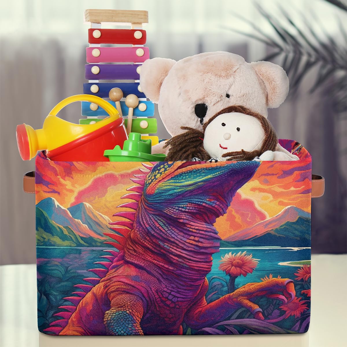 Mexpekil Cesta de almacenamiento multicolor de camaleón, caja de almacenamiento de juguetes para niños, plegable, organizador de tela para estantes, cesta de regalo grande con asas, 2 piezas