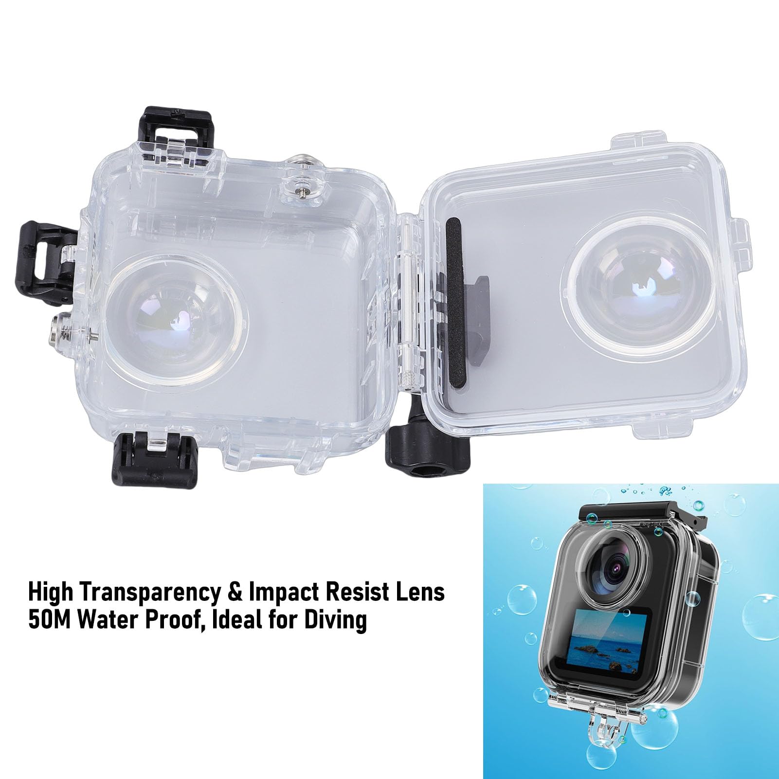 Annadue Custodia Subacquea Impermeabile 50M per Action Camera, Custodia Impermeabile in Vetro Temperato Ottico a 360° con Inserti Antiappannamento, Guscio Protettivo Durevole per