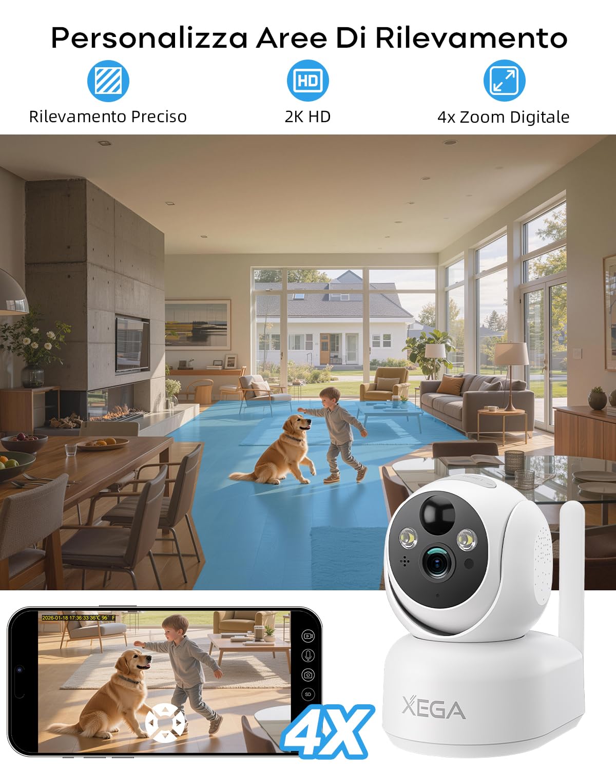 Xega 4G LTE Telecamera Interno con Sim/ 7800mAh Batteria senza Fili, 360° PTZ Telecamera Senza WiFi, 2K Videocamera Sorveglianza Interno con Visione Notturna a Colori, PIR Rilevamento, IP65