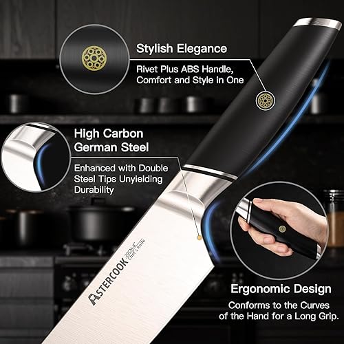 Miniatura 8 de Astercook Cuchillo de chef, cuchillo de cocina profesional de 8 pulgadas, mango de ABS, apto para lavavajillas, acero inoxidable alemán de alto