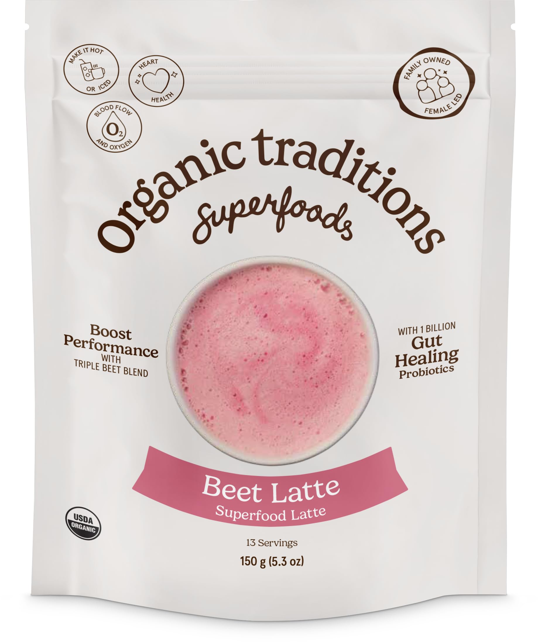 Organic Traditions Beet Latte with Fermented Beet & Probiotics | 150 g | Dual Extract Ginger | Natural Energy Boost | 13 Servings | USDA Organic
