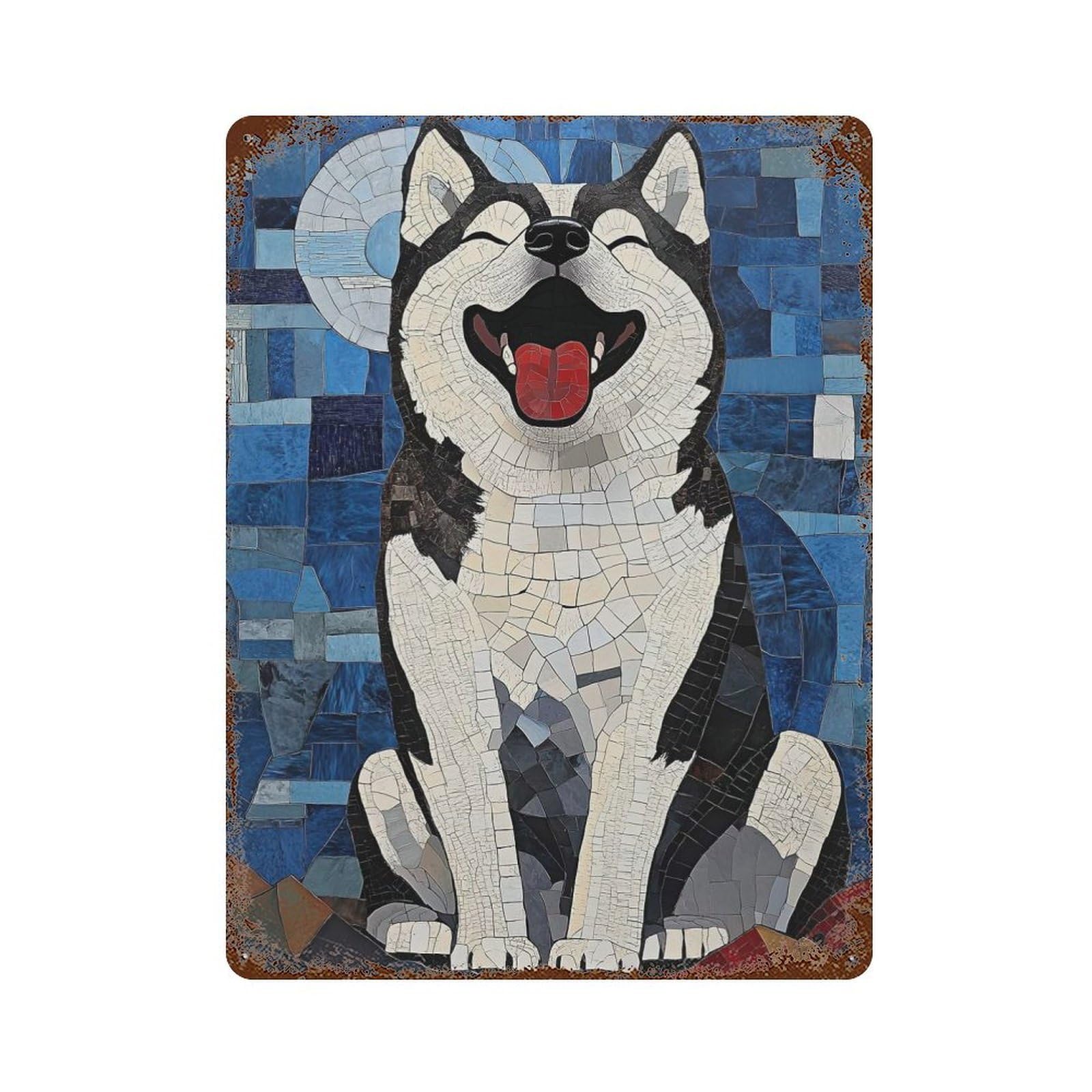 Smiling Husky Mosaic Rust Effect Tin Sign 15.7"x11.8", for Bistro, Counter And Cafe Decor, Decorative Metal Wall Art