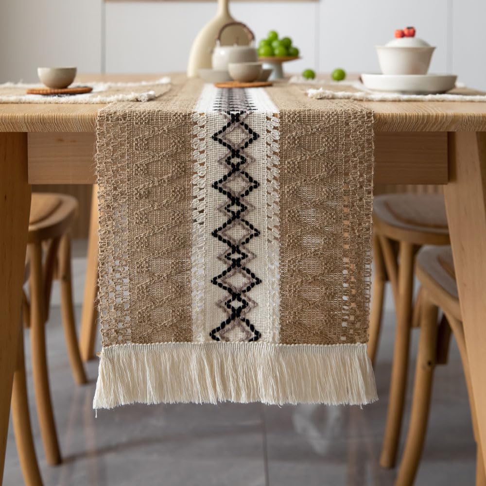 Odot Table Runner Vintage Fringe Boho, Seasonal Fall Winter Machine Washable Kitchen Dining Table Decoration long tablecloth, for Thanksgiving Events Home Party Decor (30x350cm,Khaki white black)