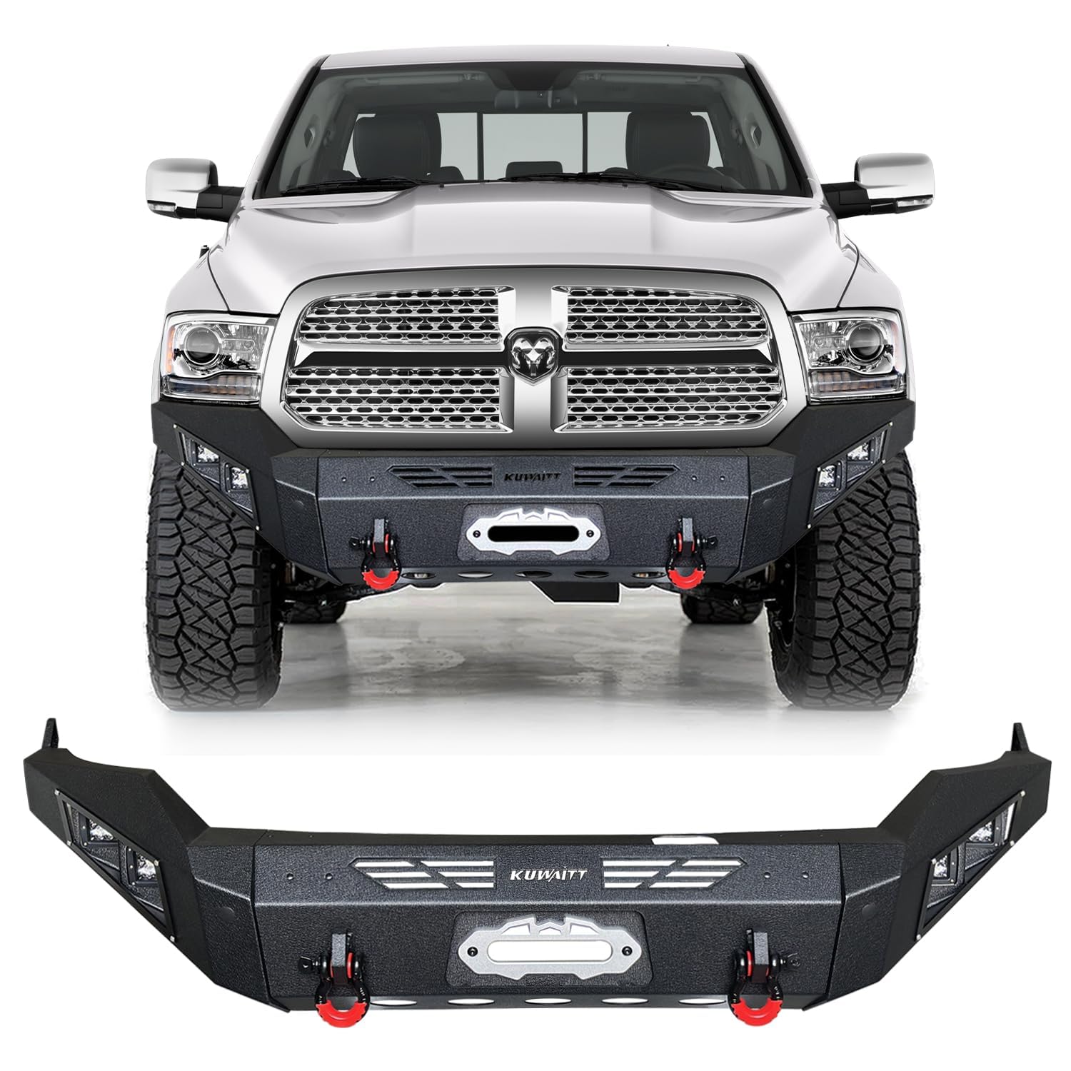 VOJEYD Front Bumper Compatible with 2013 2014 2015 2016 2017 2018 Ram 1500 w/4×24W Aluminum Lights & D-Ring & Winch Plate/Steel Black