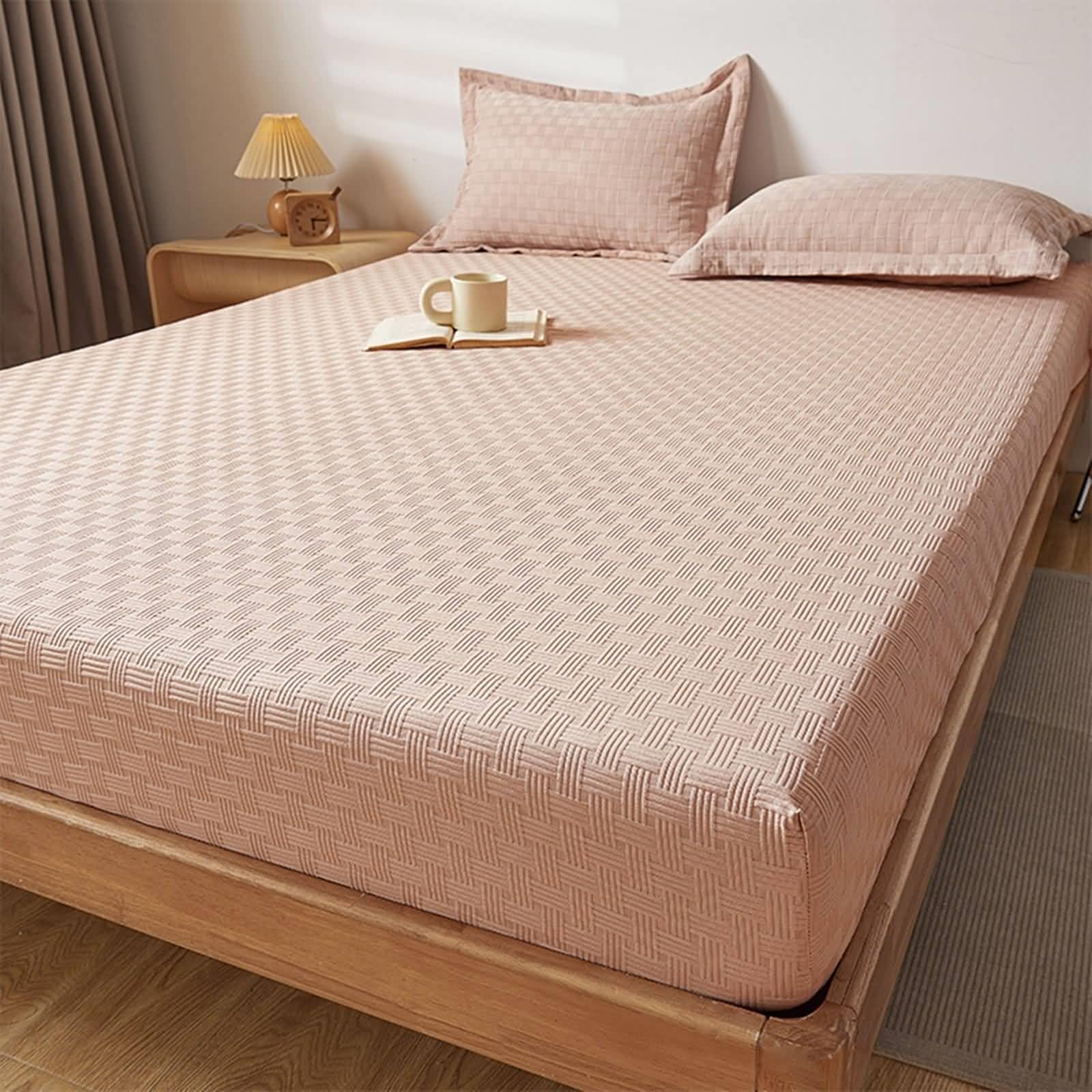 Sábana bajera ajustable para cama con somier, 180 x 200 cm, algodón y poliéster, color rosa claro, monocolor, 5-25 cm, altura de la pierna, gofre sin funda de almohada