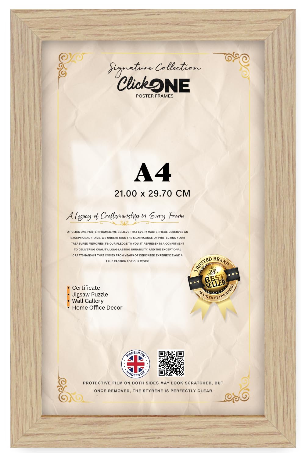 Click One — Refined A4 (21 X 29.70 CM) Photo And Art Display Frame | Oak Border For Vertical And Horizontal Prints — Fits 11 X 8 Inch Artwork For Living Room And Gallery Use — Wall Ready