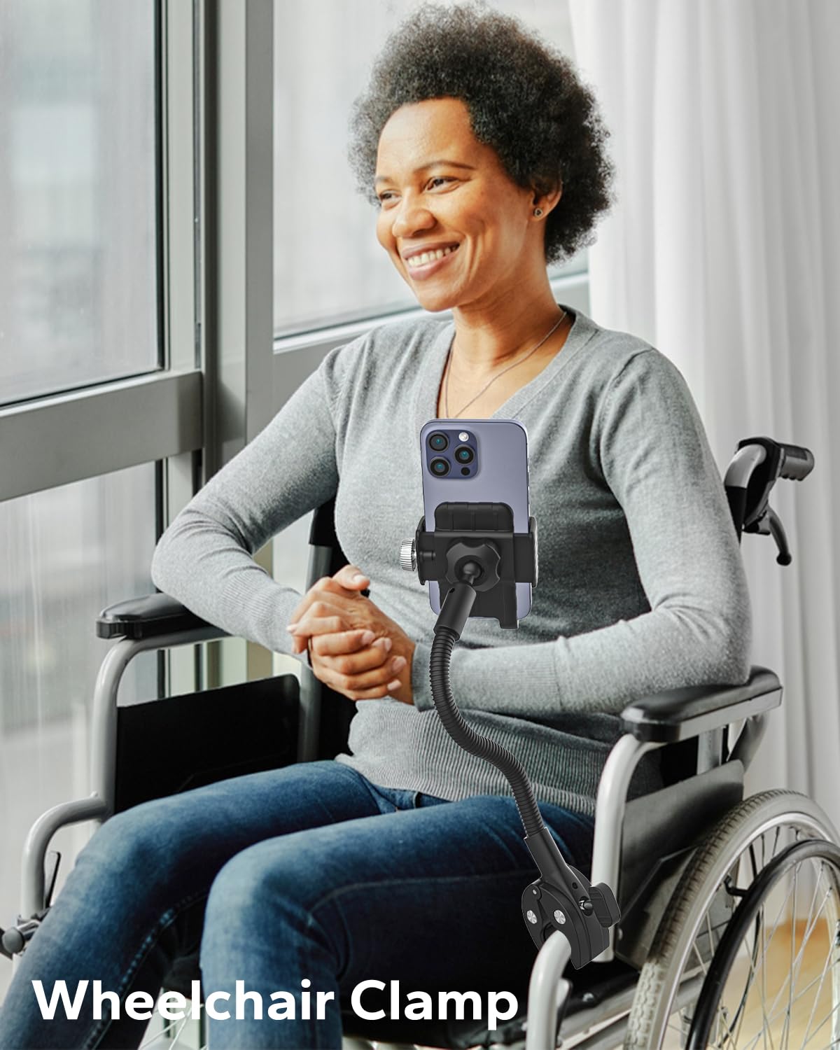 Support de téléphone pour poussette de fauteuil roulant, support de téléphone en col de cygne pour vélo, support de téléphone pour tapis de course, vélo d'appartement, compatible avec iPhone 16 Pro