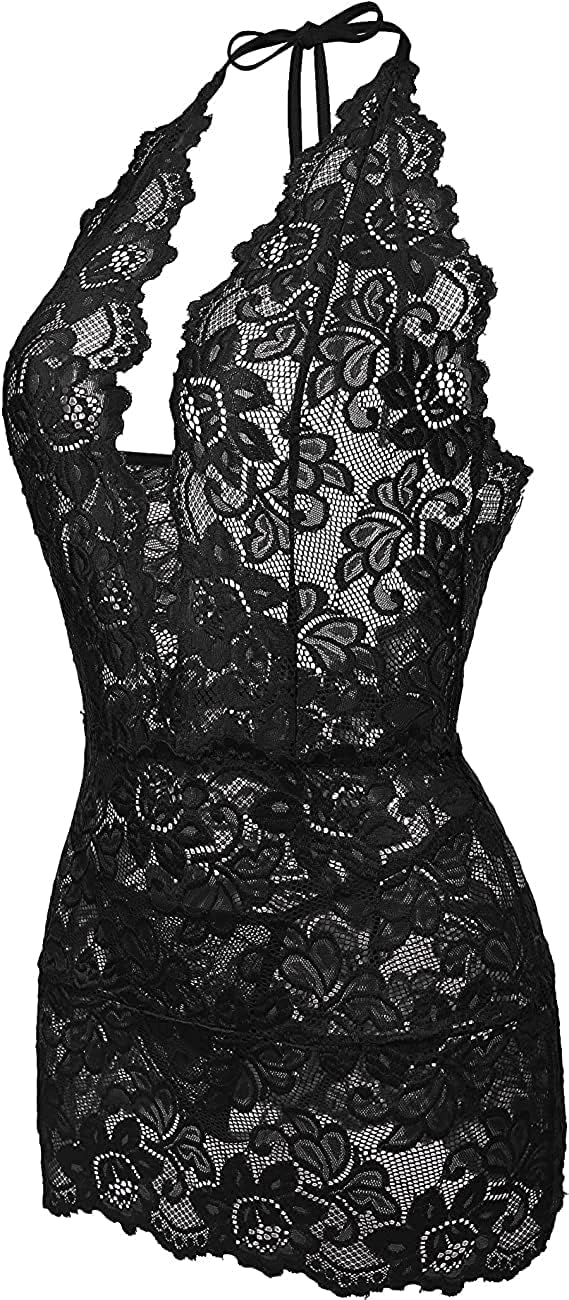 QHQQXN Lencería de Encaje Camisón de Malla Transparente Camisón con Cuello en V Profundo Camisón Halter Vestido sin Espalda Body con Tanga para Damas Pijama Ropa de Dormir Nupcial