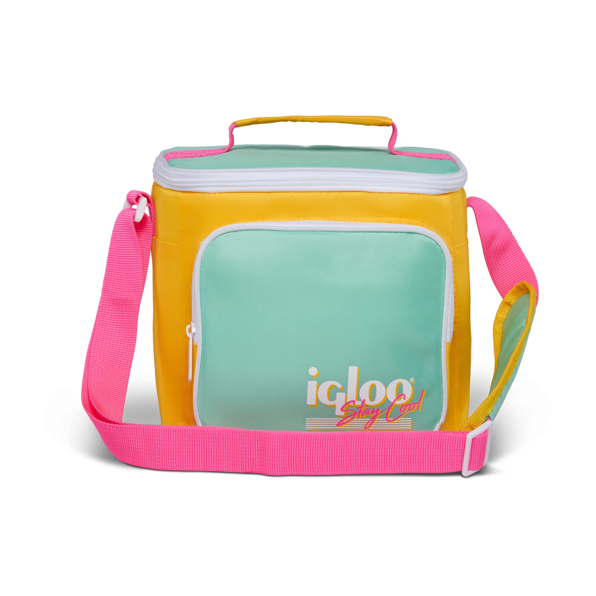Igloo 90s Retro Collection Square Lunch Box Cooler with Front Pocket and Adjustable Strap,Yellow/Mint