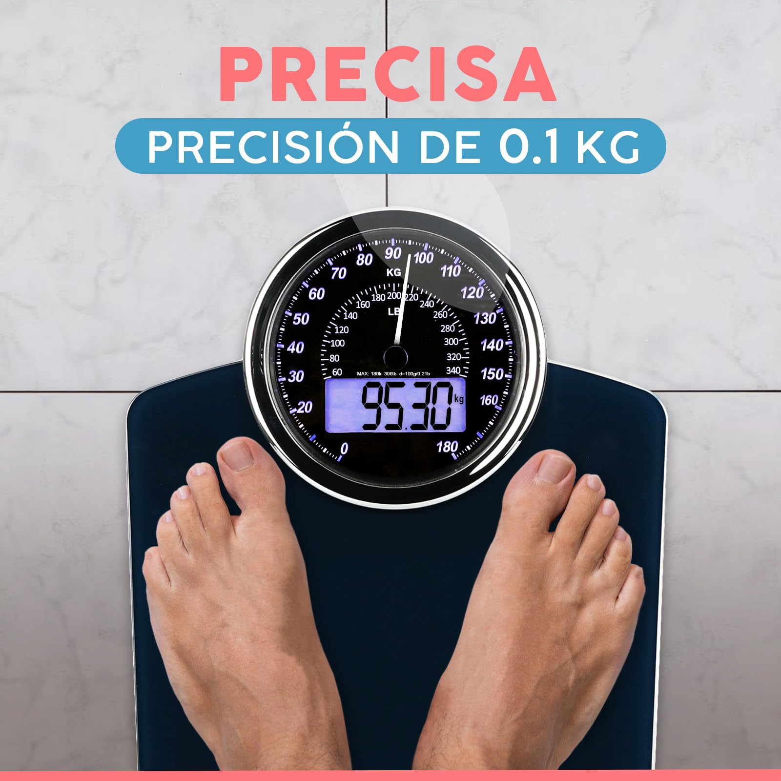 Hybrid Báscula de Baño - Analógica & Digital, Precisa hasta 180 kg | Vea su peso en el cuadrante analógico y LCD a la vez. Plataforma ancha, 3 pilas AAA incluidas, lista para usar.