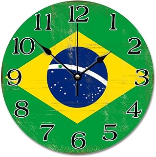 Brazil Wall Clock Brazil Flag Country City Souvenir 10 Inch Wooden Wall Clocks Battery Operated Quiet Non-ticking Vintage Farmhouse Hanging Clock Wall Decor Gift for Foreign Friend
