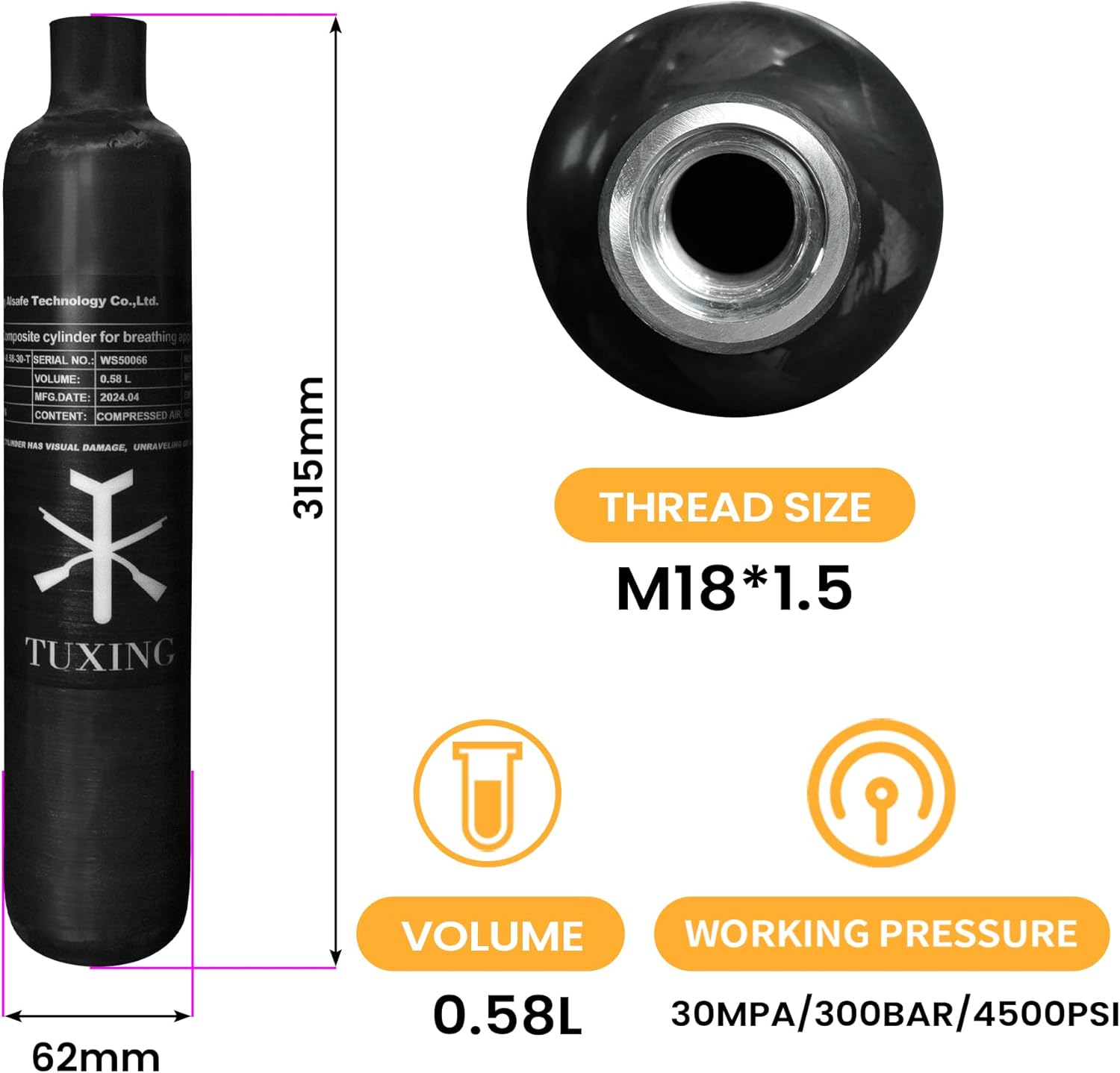 TUXING 4500Psi Pcp Air Tank 0.58L 36Cu in 580cc Carbon Fiber HPA Tank,Gas Cylinder,Paintball Hunting for PCP Air Rifle Gun Daystate and FX Thread M18 * 1.5