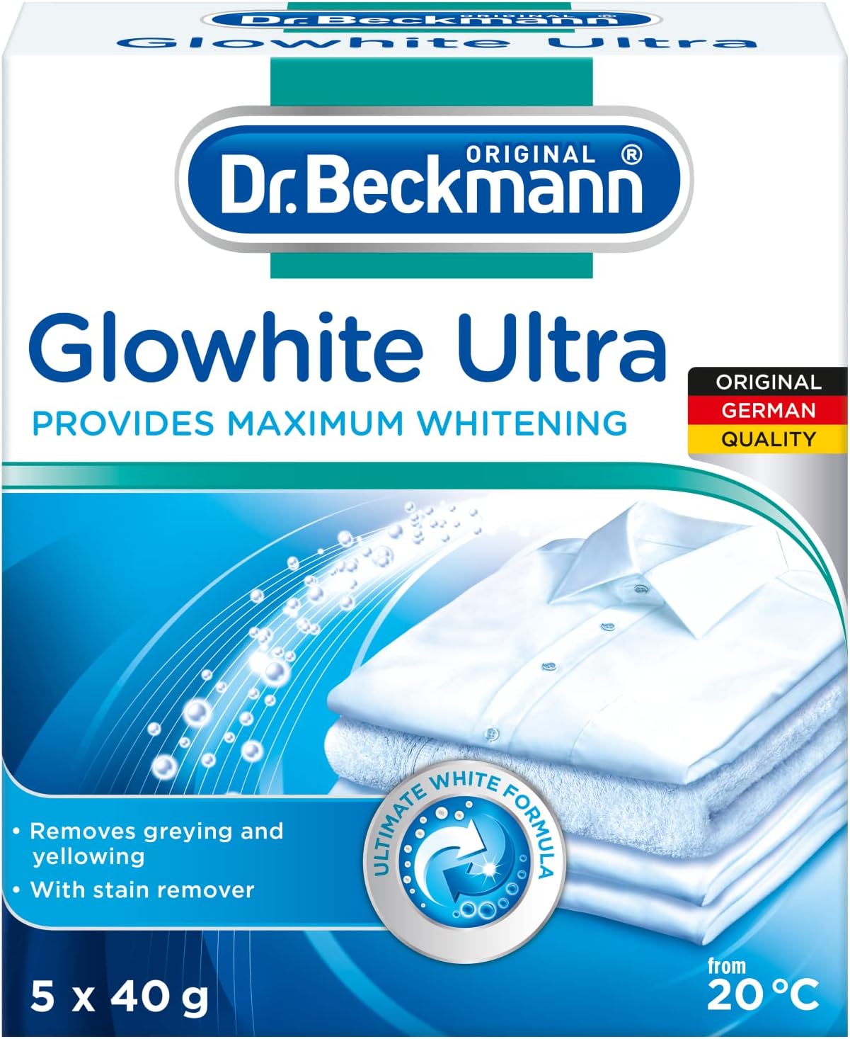 Dr Beckmann Glowhite Ultra Fabric Whitener with Stain Remover | Removes Grey Discoloration | Combats Yellowing | Getting White Laundry Whiter | 5x40g | Made in Germany