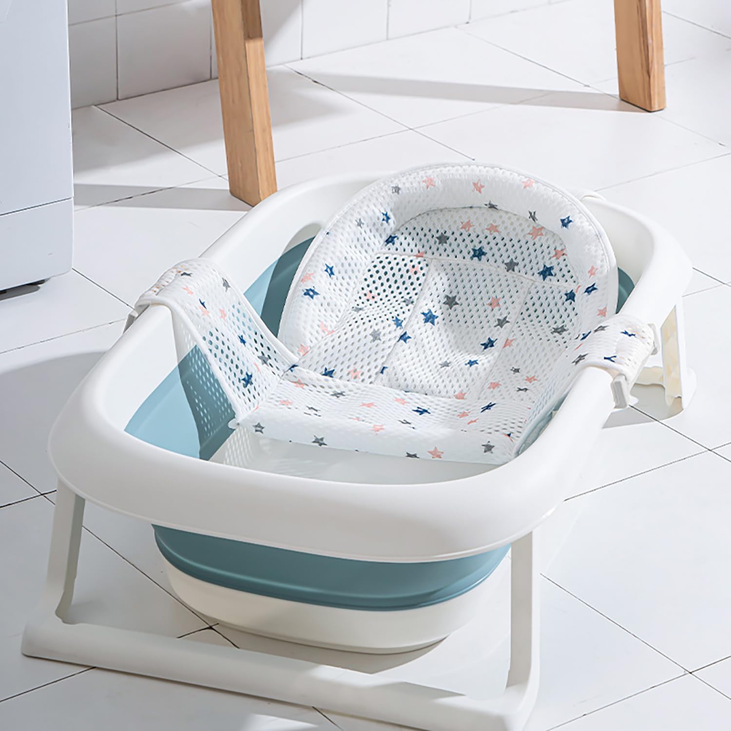 Bain en T Antidérapant pour Bébé - Blanc, Filet de Tapis maille, Support Nouveau-né avec Sangles Ajustables, Siège de Bain Confortable, 0-12 Mois