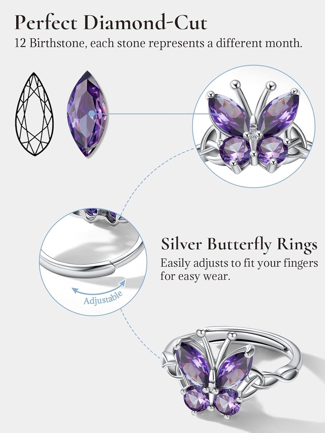 925 Sterling Silver Butterfly Ring,Adjustable Silver Birthstone Rings for Women,Dainty Butterfly Stackable Rings Gifts for Her - Image 4