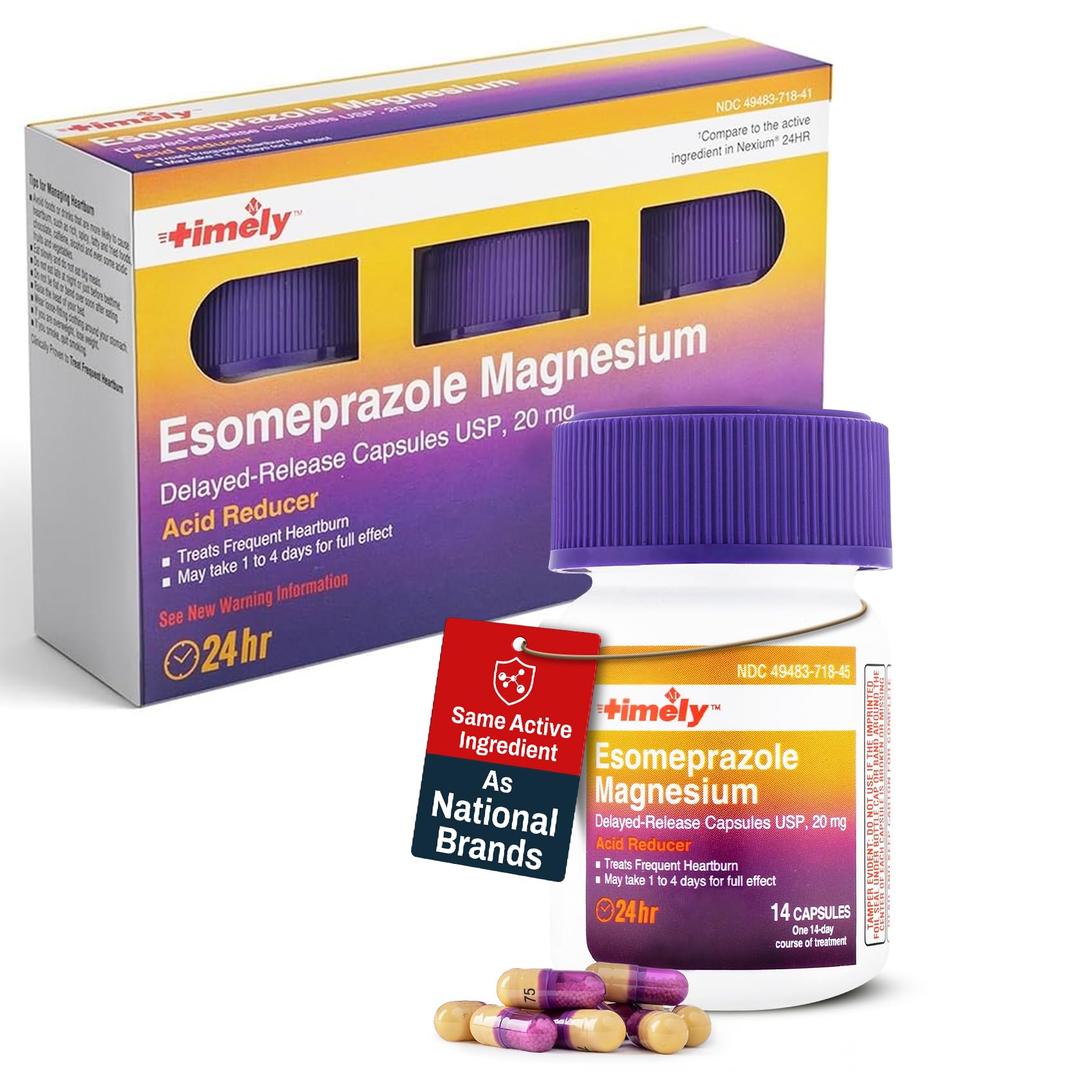 TIME-Cap Labs 42 Capsules Esomeprazole Magnesium 20mg Delayed Release - Acid Reducer & Frequent Heartburn Relief for Adults, Helps with Acid Reflux & Heartburn