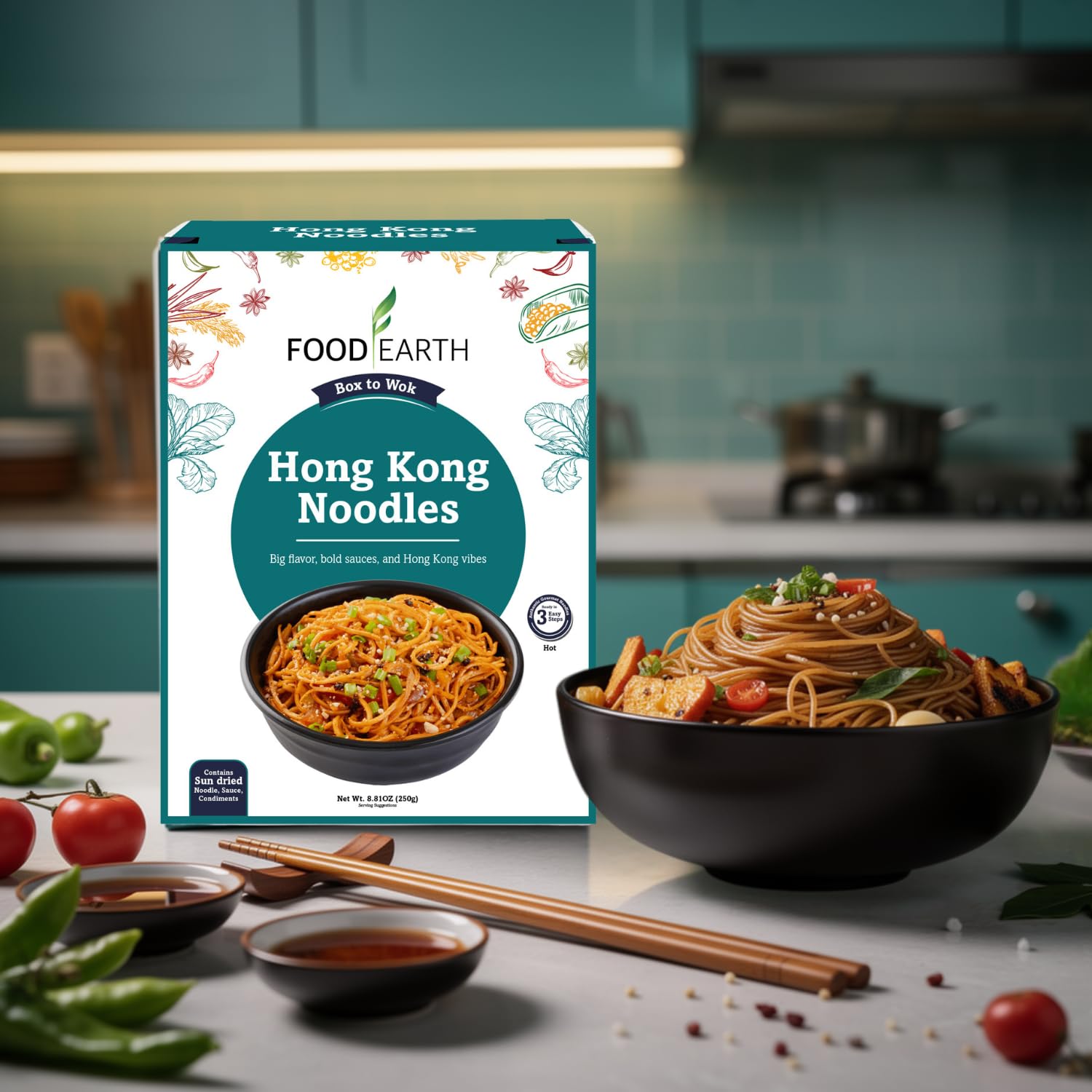 Food Earth Hong Kong Noodle 250g – Authentic Cantonese-Style Stir-Fry Noodles for Chow Mein, Lo Mein & Wok Cooking | Non-Sticky & Fast Cooking | Pack of 1