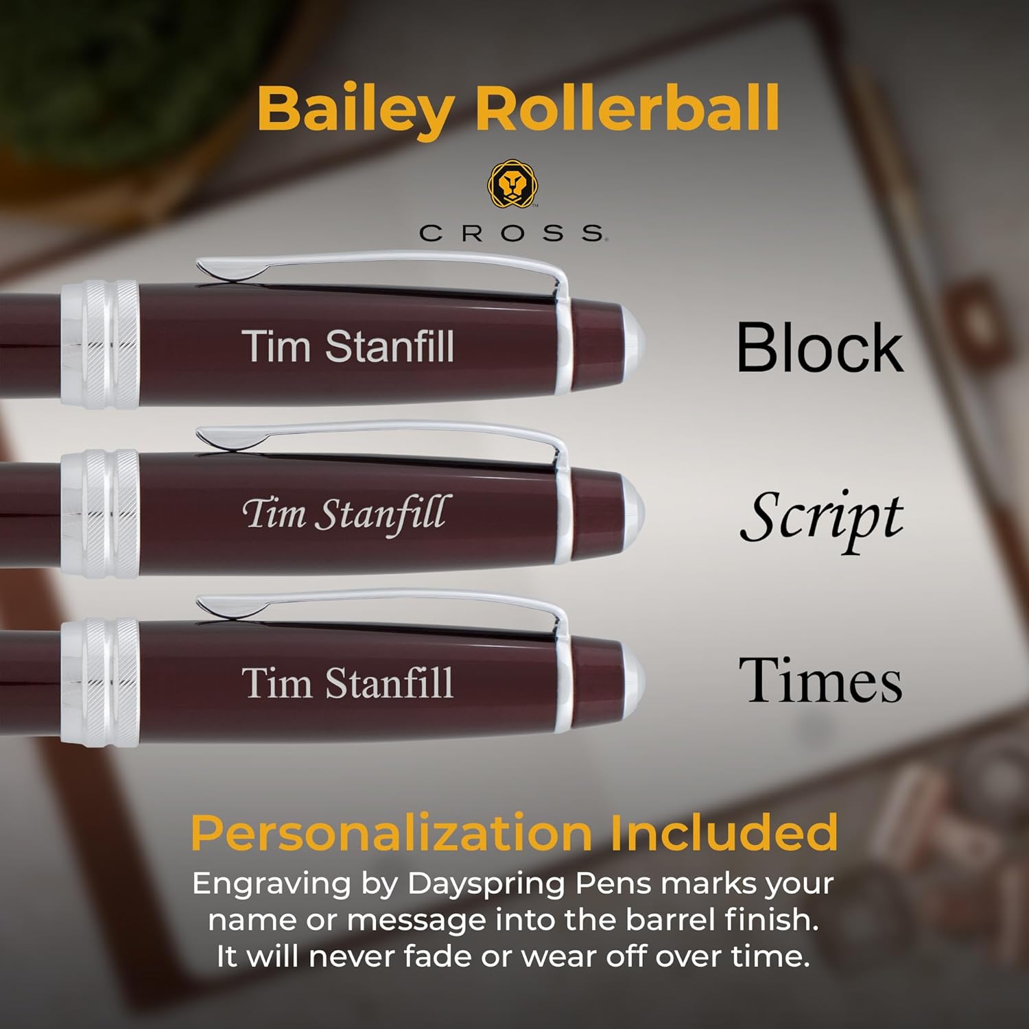 Cross Bailey Rollerball Pen, Red Lacquer with Chrome Trim, Custom Engraved — Graduation, Promotion, Retirement, or Corporate Gift