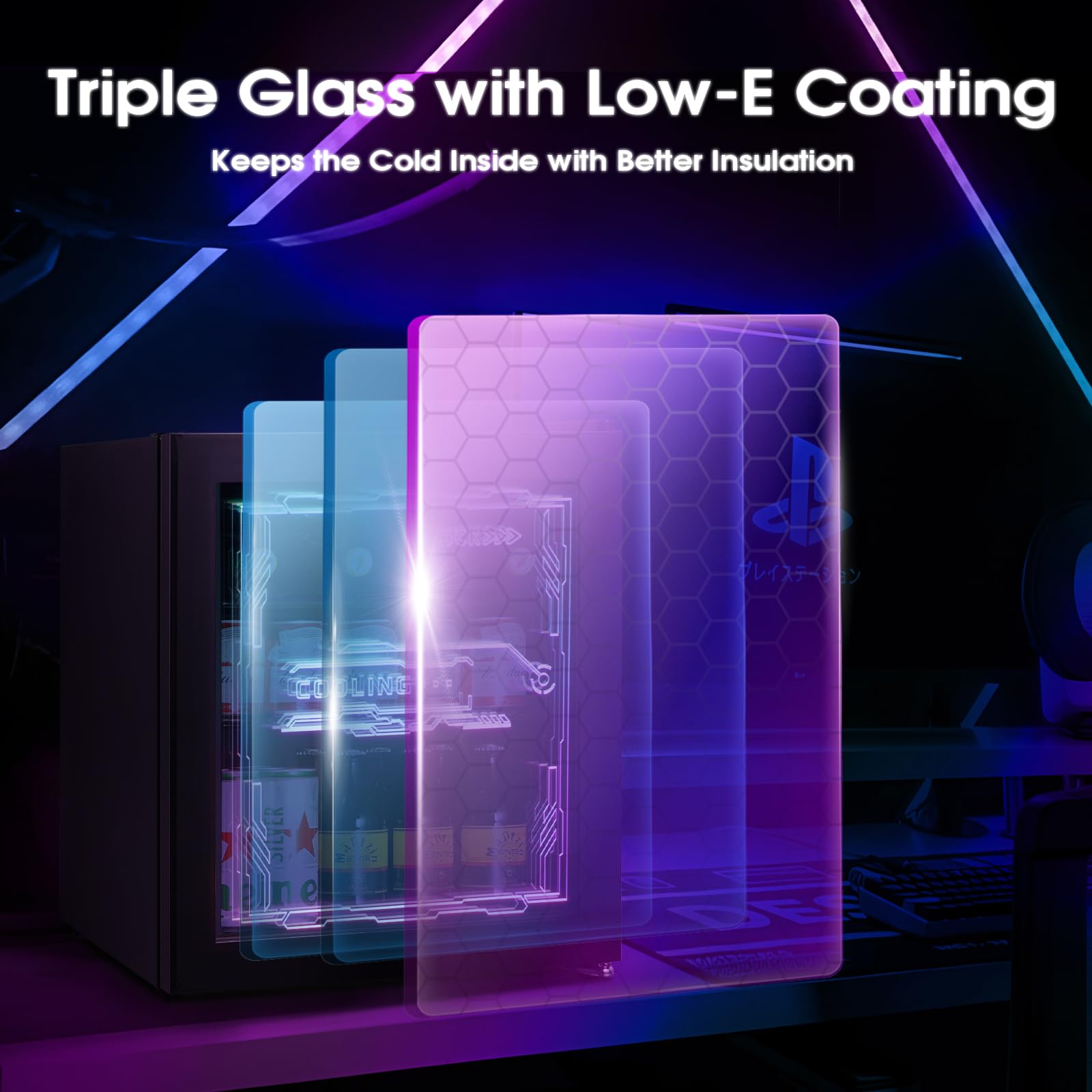 HCK Mini Kühlschrank 48L, Getränkekühlschrank mit Glastür und LED Beleuchtung, Cyberpunk Design, leise 39dB, 0-10℃ Bierkühlschrank für Gaming Room, Party, Bar, Schwarz