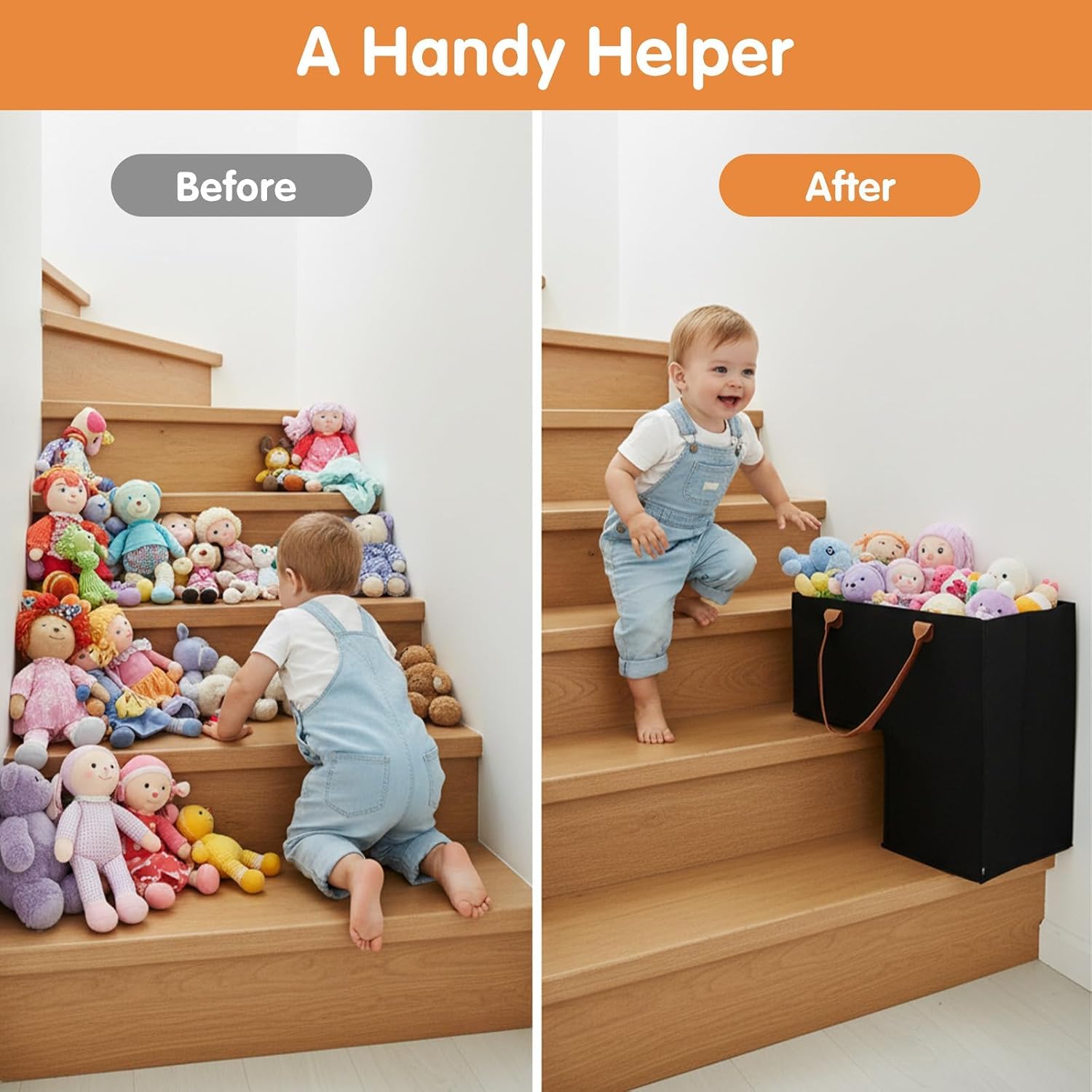 2 Pack Upgraded Stair Basket , Foldable Felt Staircase Organizer with Leather Handles , for Carpeted & Wooden Stairs, Ideal for Books, Clothes, Toys