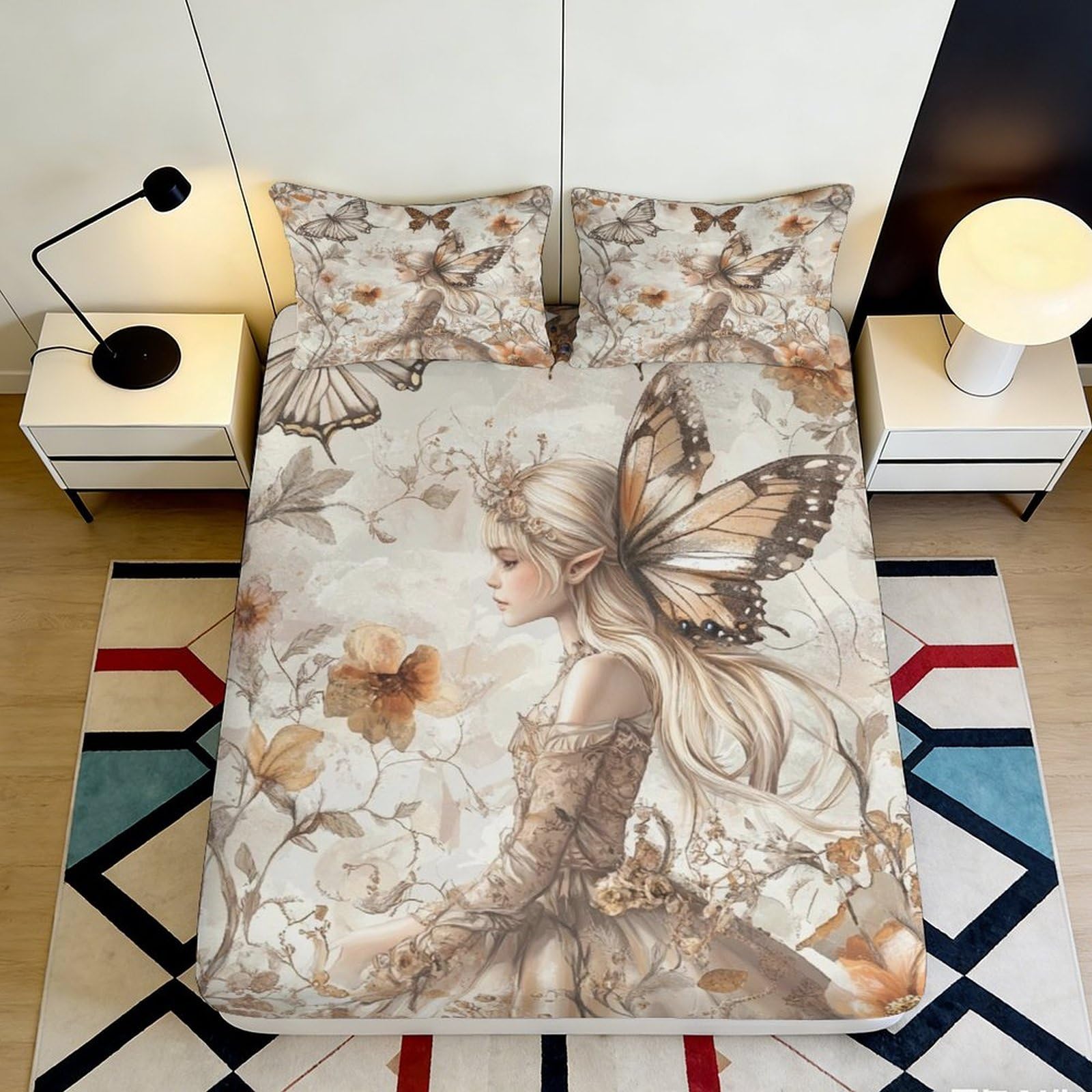 3D Printed Fairy Butterfly Fitted Sheet Microfiber Soft Breathable Floral Bed Cover for Bedroom Dormitory Guest Room Mattress Protection Decor 180x200x25cm