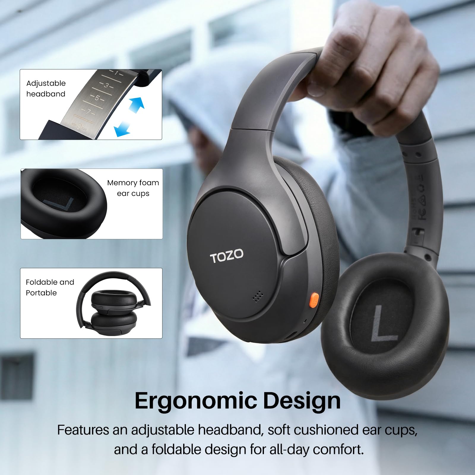 TOZO HT3 Cuffie Bluetooth 6.0 con ANC Ibrido, 5 Mics per Chiamate Chiare | Audio Hi-Res Spaziale, 32 EQ, Connessione Multipoint, Design Pieghevole con Cavo 3.5mm e USB-C