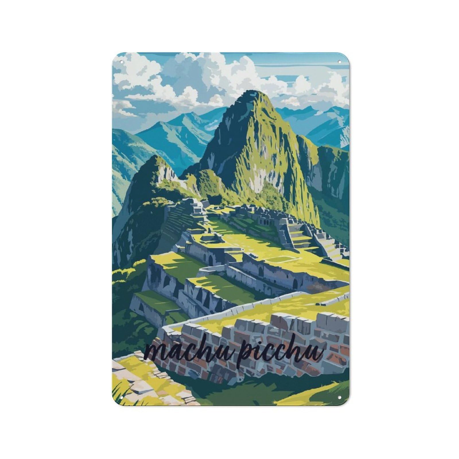 Junmoney Style-24 Machu Picchu Landscape Illustration Vintage Tin Wall Plaque 30X20cm For Home Bar Wall, For Vintage Wall Decor Fans, For Home Office And Studio Walls