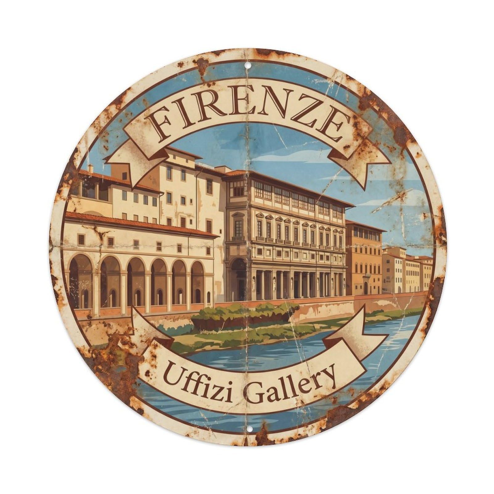 Vintage Travel Florence Uffizi Gallery Metal Tin Sign Plaque Wall Decor for Cafe, Club Bar, Office, Home Garden Round Metal Poster 8x8Inch