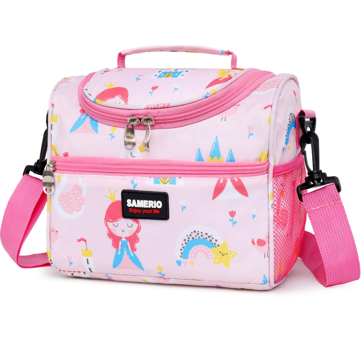 SAMERIO Lunch Bag for Girls Cooler Lunch Box for Children Student Kids Boys Small Insulated Bento Bags for School Picnic with Detachable Strap Two Side Mesh Bottle Holder