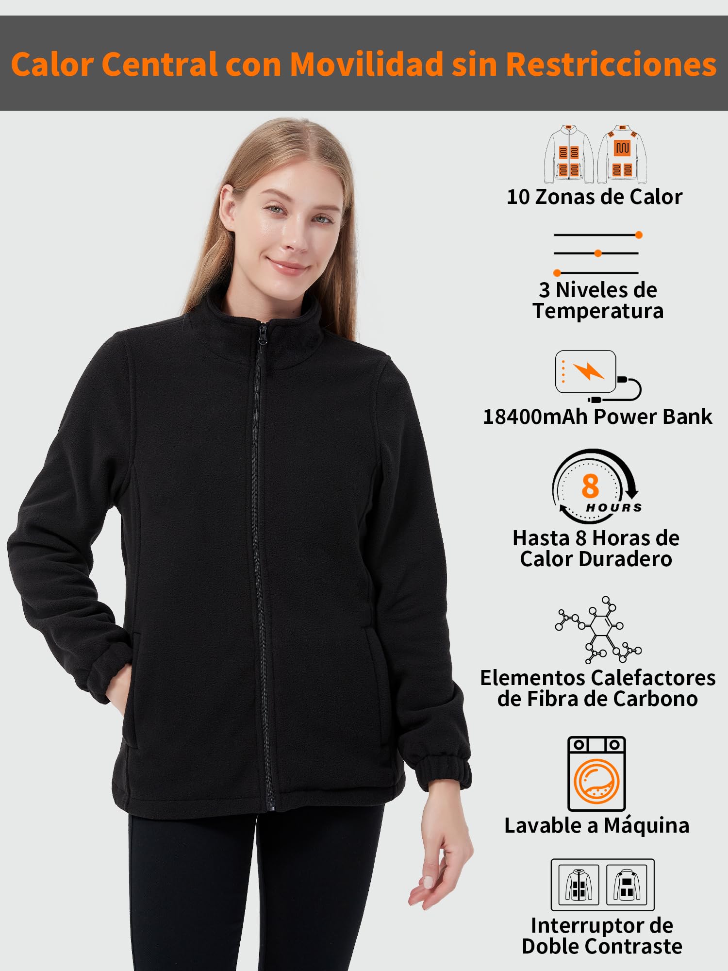 Chaqueta Calefactable Mujer con Bateria 18400 mAh, Chaqueta Termica Mujer, Polar Abrigo Cazadora Ropa Calefactables Chaquetas con Calefaccion Invierno, 10 Zonas de Calentamiento